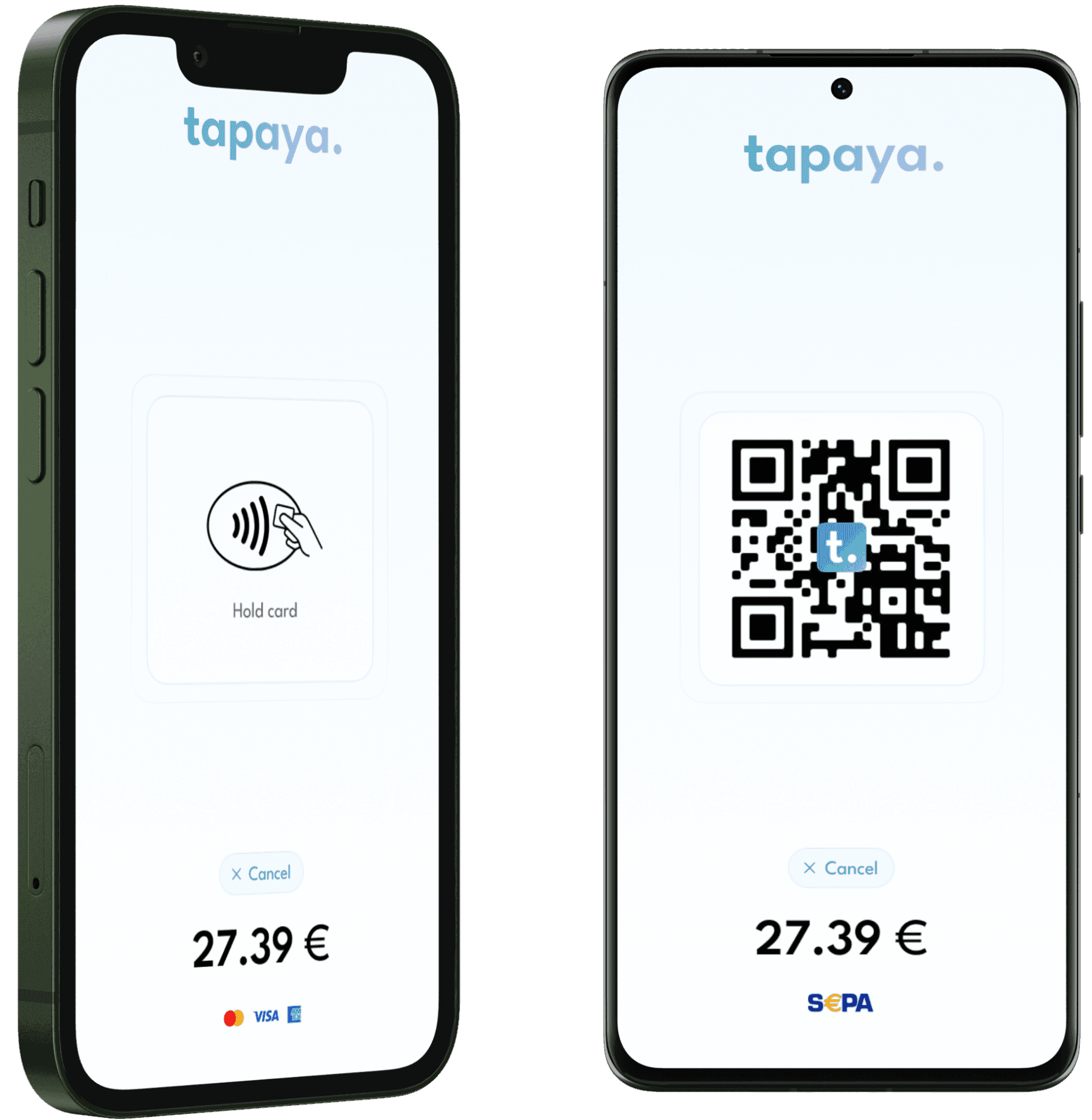 The Tapaya checkout on an iPhone showing a contactless tap, beside an Android phone showing a QR / SEPA payment